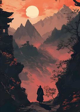Japanese Landscape with Warrior Silhouette