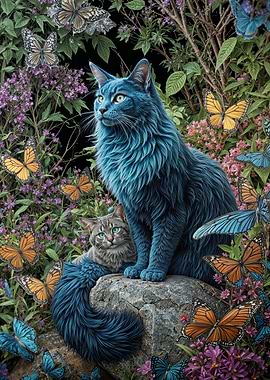 Cats and Butterflies in Floral Garden