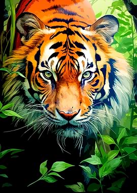 Tiger Portrait in Jungle Foliage