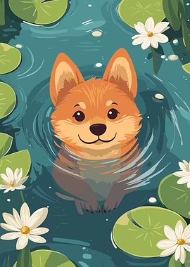 Corgi swimming in a pond