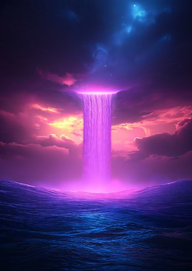 A surreal glowing waterfall flowing into a radiant sea