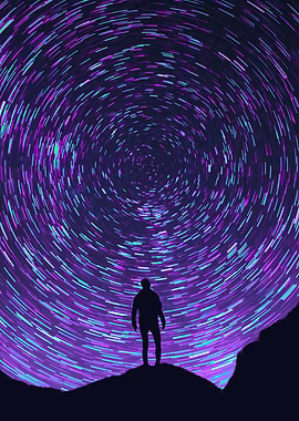 Silhouette Stargazer Under Swirling Night Sky