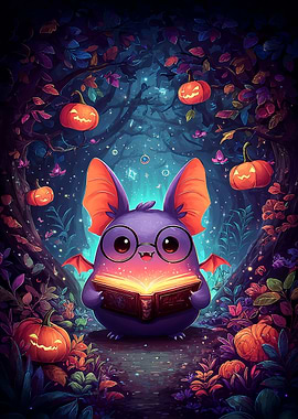 Cute Bat Reading in Spooky Forest
