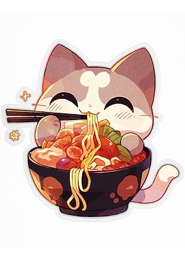 Cute Cat Eating Ramen Illustration