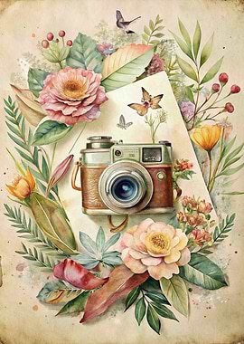 Vintage Camera with Floral Watercolor Accents
