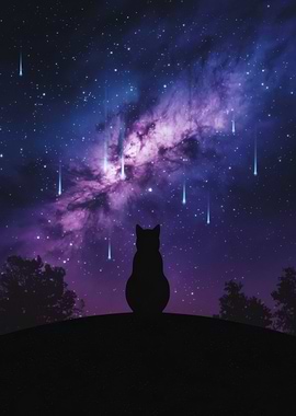 Cat Silhouette Under Starry Night Sky