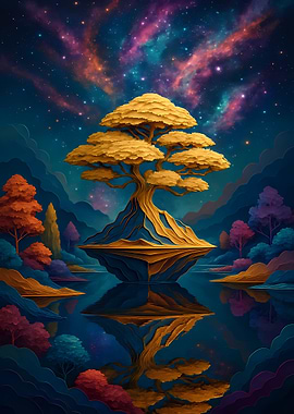 Celestial Golden Tree Under Starry Sky
