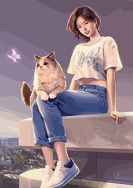 Girl with Cat on Rooftop