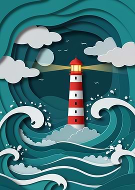 Lighthouse in Paper Cut Style