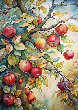 Watercolor Apple Tree with Ripe Apples