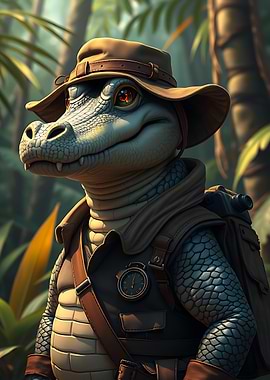 Anthropomorphic Crocodile Explorer in Jungle