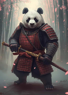 Samurai Panda in Bamboo Forest