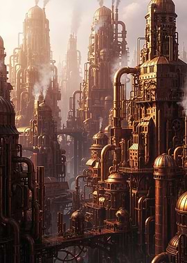 Steampunk Industrial Cityscape with Pipes and Towers