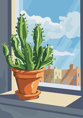 Cactus by the Window Illustration
