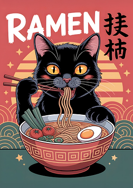 Black Cat Eating Ramen Illustration