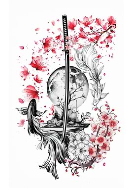 Japanese Art with Sword, Moon, and Fish