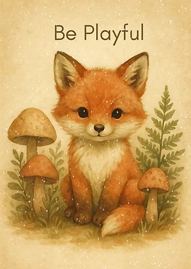 Playful Fox with Mushrooms Illustration
