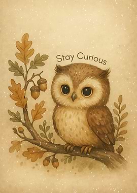 Cute Owl on Branch with Acorns