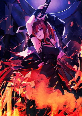 Anime Girl with Sword in Fiery Scene