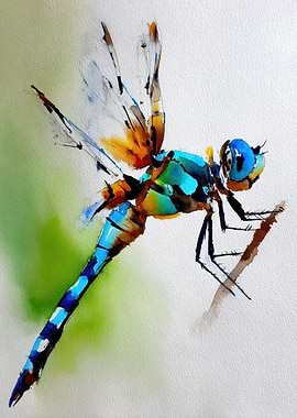 Watercolor Dragonfly on Branch