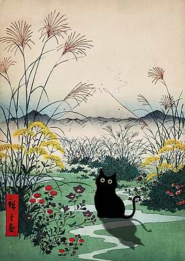 Black cat in Japanese landscape
