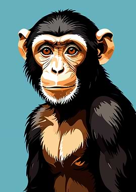 Chimpanzee Portrait on Blue Background