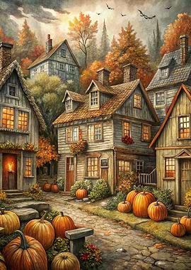 Autumn Village with Pumpkins