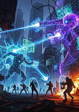 Cyberpunk Battle in Futuristic Cityscape