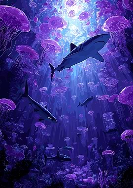 Sharks and Jellyfish in Deep Blue Sea