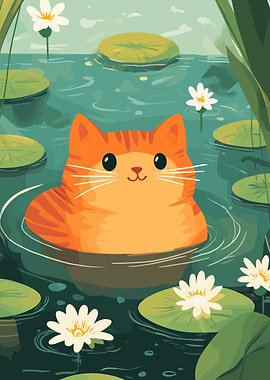 Cartoon Cat Swimming in Lily Pond