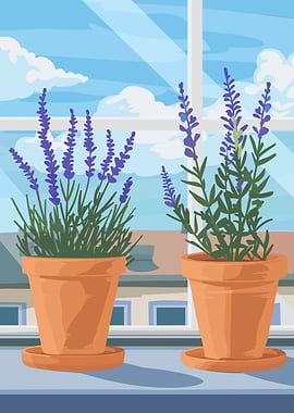 Lavender plants in pots by window