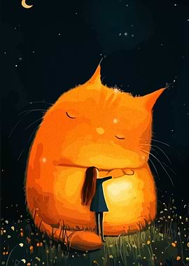 Girl Hugging Giant Cat Under Starry Sky