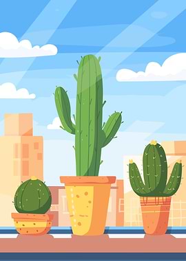 Cactus Plants in Pots with City View