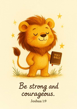 Be Strong and Courageous – Joshua 1:9 Cute Lion Bible Verse Art