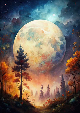 Full Moon over Autumnal Forest