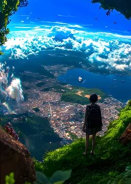 Anime Girl Overlooking City and Clouds