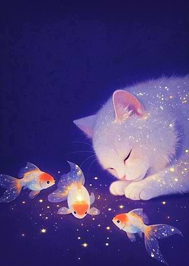 Dreamy Cat and Goldfish Illustration
