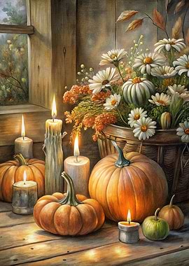 Autumn Still Life with Pumpkins and Candles