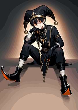 Anime Jester Character in Black and Gold