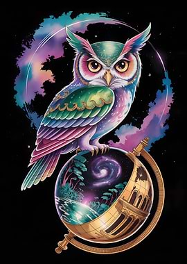 Colorful Owl on Globe Digital Art