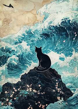 Black Cat on Rock with Waves
