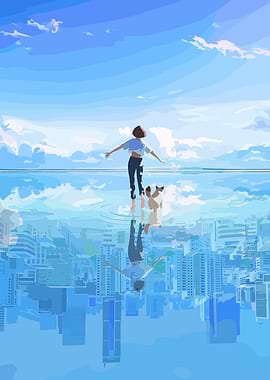 Girl and Dog on Water Reflection