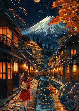Japanese Village at Night with Mount Fuji