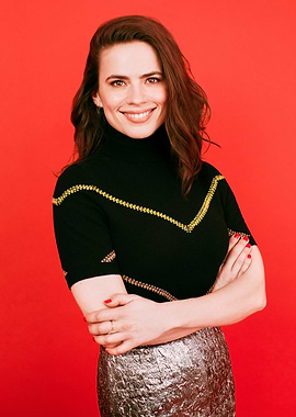 Hayley Atwell Portrait on Red Background