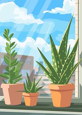 Potted Plants on Windowsill Illustration
