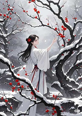 Asian Woman in Snowy Winter Landscape