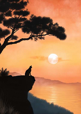 Silhouette of a black Cat at Sunset Nature