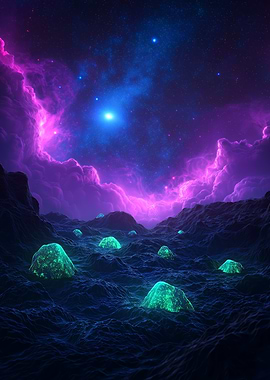 A glowing asteroid field with a vibrant galaxy sky