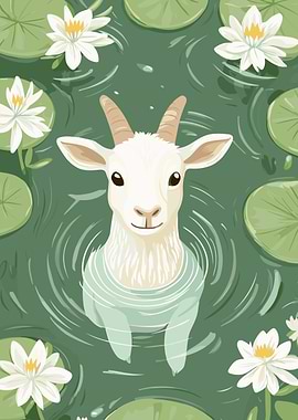 Goat in Pond with Lily Pads