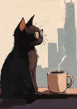 Cat with Glasses and Coffee